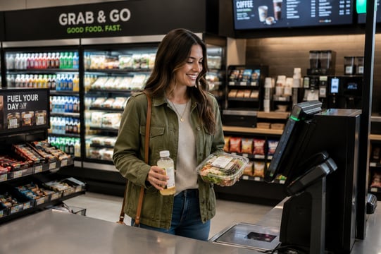 Customer carrying a grab-and-go meal + beverage through checkout or self-checkout