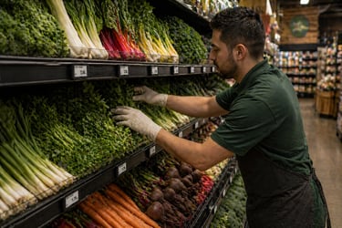 Grocery store employee wearing gloves stocking fresh produce in aisle with electronic shelf labels on shelves