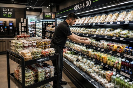 Store employee stocking prepared food cooler in foodservice area.
