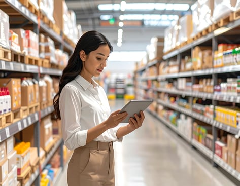 Store employee reviewing inventory data on a tablet while standing in a grocery store aisle