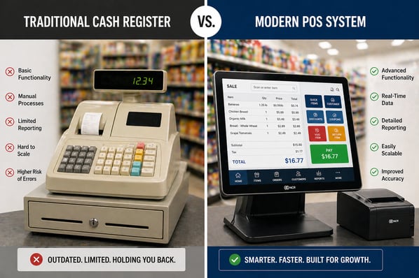 Side-by-side comparison showing an outdated cash register versus a modern POS system with touchscreen checkout interface in a grocery store