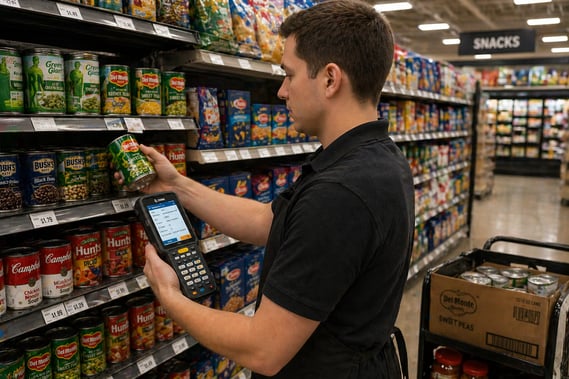 Grocery store employee scanning items with a handheld device to manage inventory and stock shelves in real time